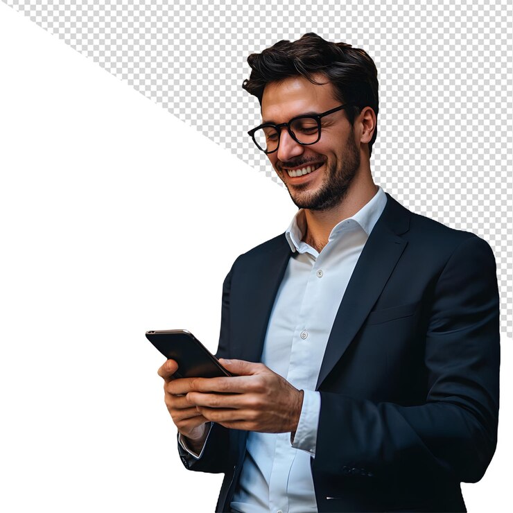 un hombre de traje está mirando un teléfono