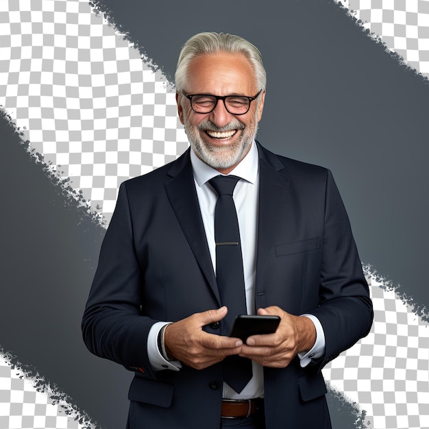 Un hombre con traje y gafas sostiene una billetera frente a un fondo blanco y negro.