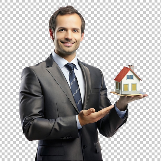 Un hombre en un traje de negocios sosteniendo una casa de fondo transparente