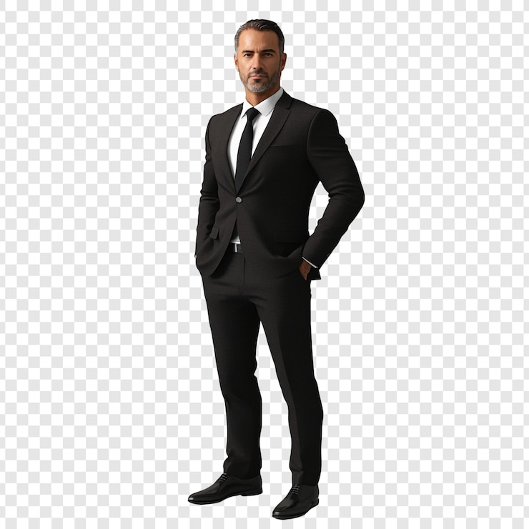 PSD hombre de traje negro de pie con confianza