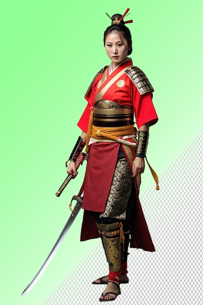 Un hombre con un traje rojo y dorado con una espada en la mano