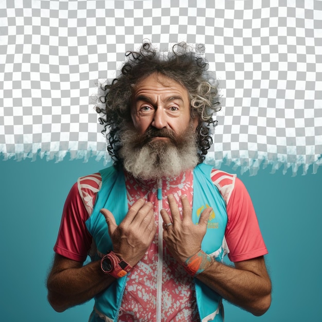 Un hombre tranquilo de mediana edad con cabello rizado de la etnia mongola vestido con ropa de maratones de carrera posa en un estilo close up of hands contra un fondo pastel teal