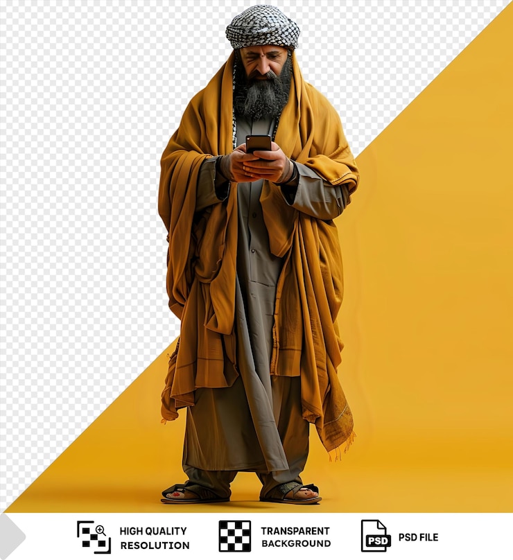 PSD hombre único en kaffiyeh y thobe con un teléfono en las manos png