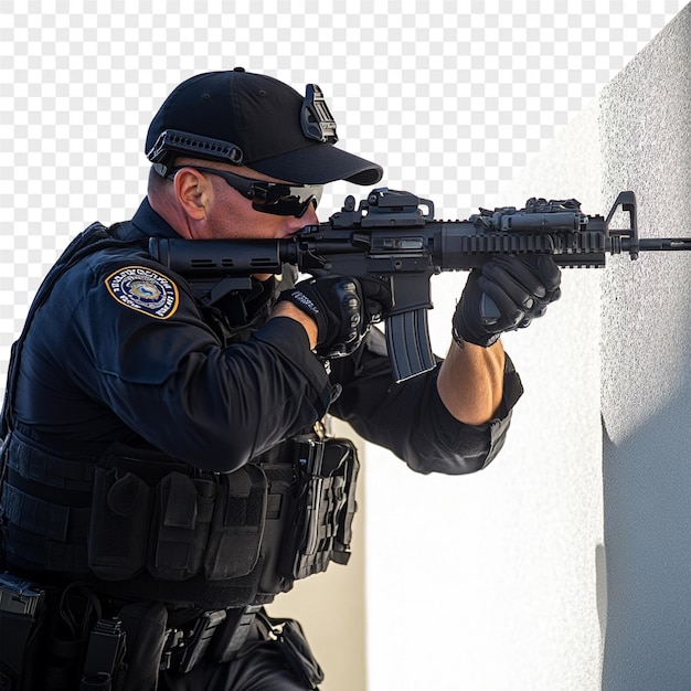 un hombre en uniforme con un arma apuntando a la pared
