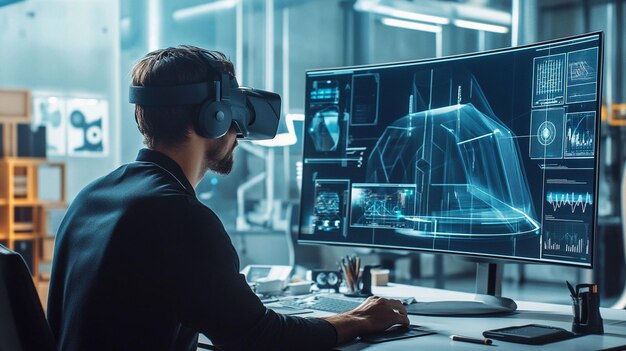 Hombre usando auriculares de realidad virtual y computadora para diseño 3D