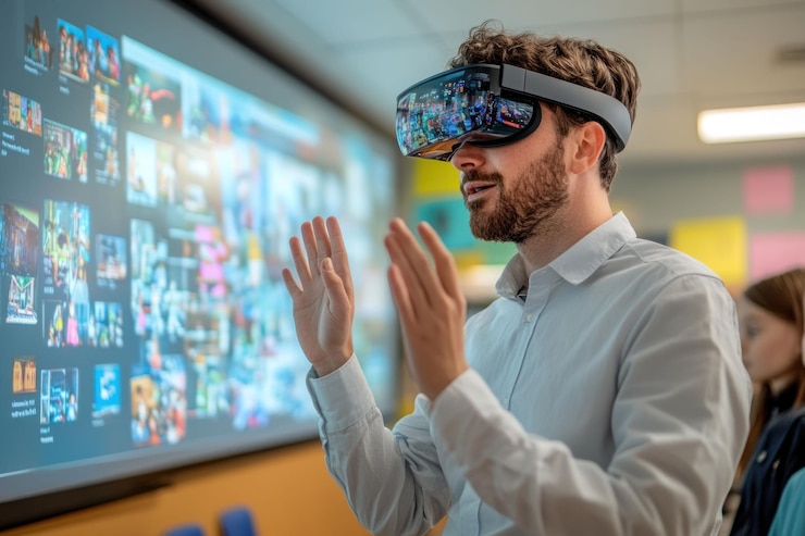 PSD hombre usando auriculares de realidad virtual interactuando con el entorno virtual mostrado en una pantalla grande