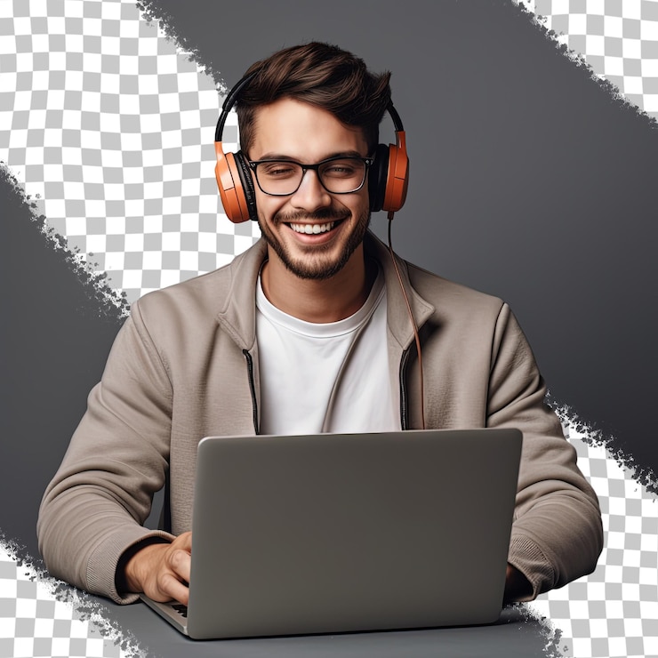 PSD un hombre usando auriculares y usando una computadora portátil con auriculares.