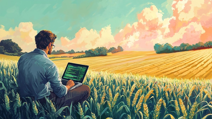 PSD hombre usando computadora portátil en el campo de trigo al atardecer