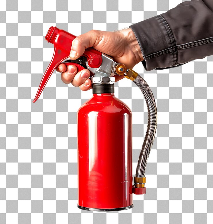PSD hombre usando un extintor de incendios en un fondo transparente