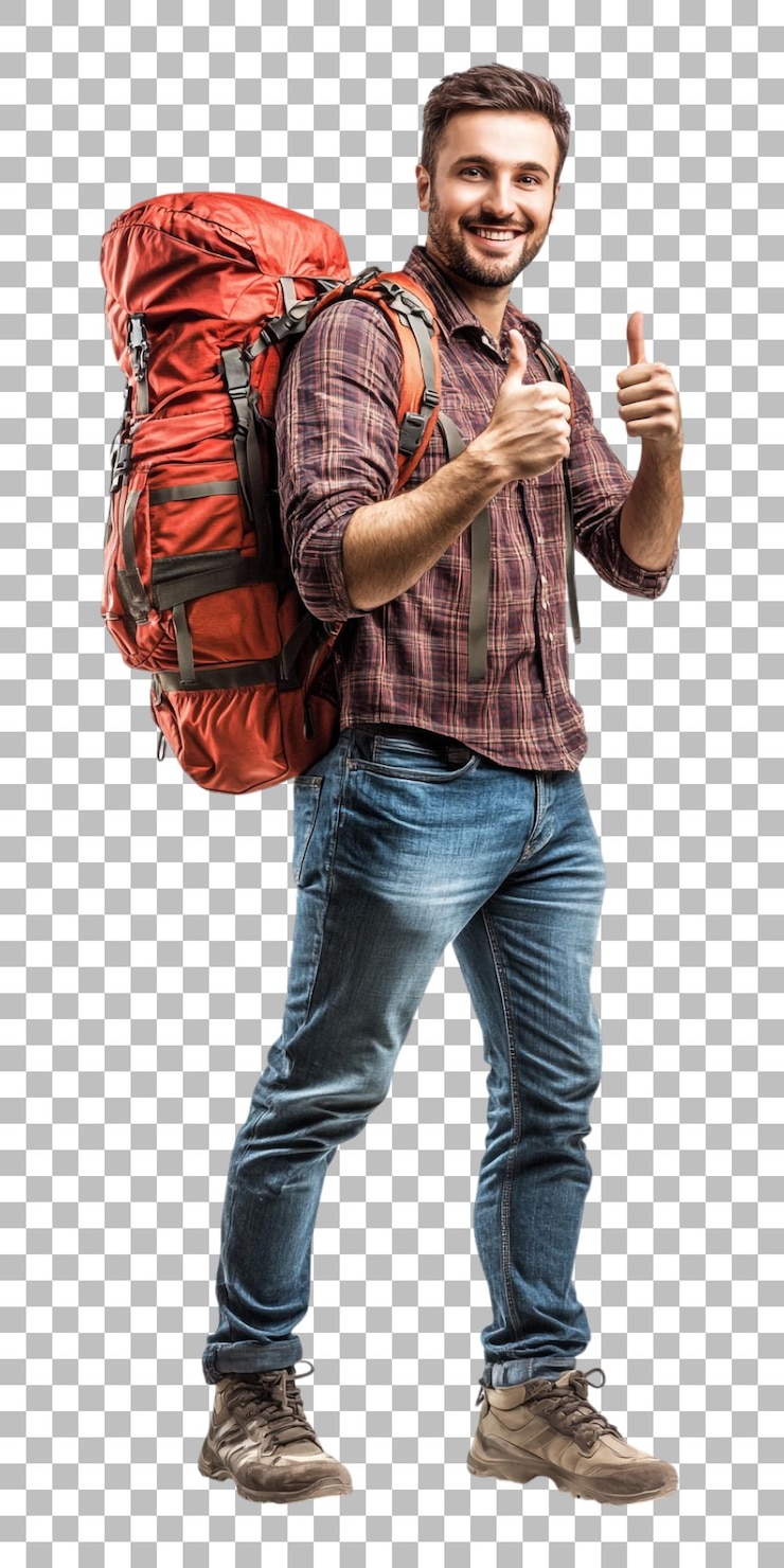PSD un hombre usando una mochila con una mochila roja