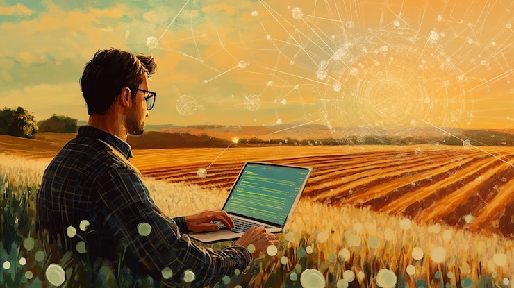 PSD hombre usando portátil en el campo al atardecer concepto de agricultura digital