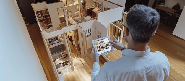 Hombre usando tableta digital para planear el diseño de interiores