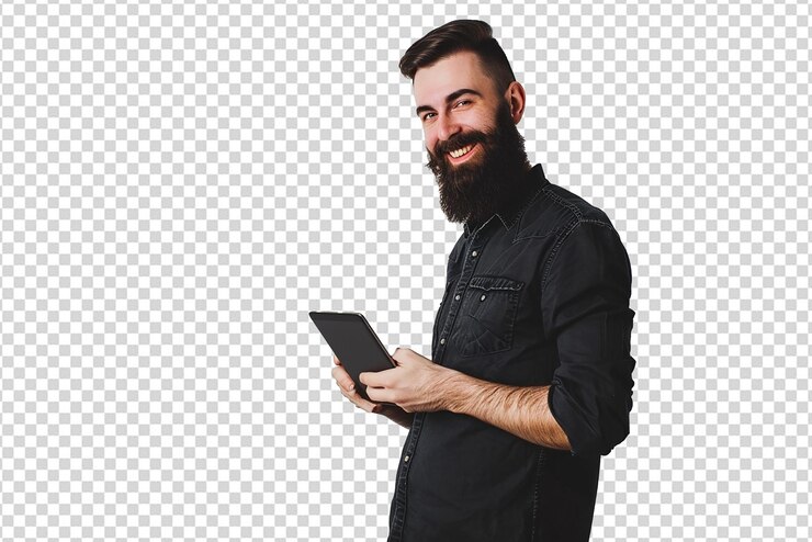 PSD hombre usando tableta y mirando a la cámara sobre fondo blanco