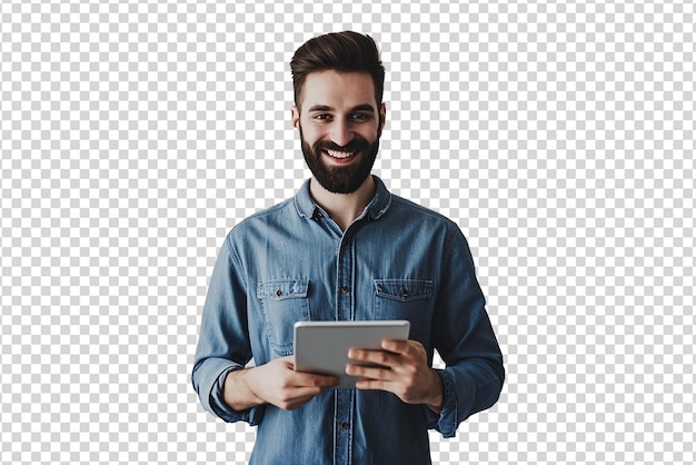 PSD hombre usando una tableta y mirando la cámara sobre un fondo blanco