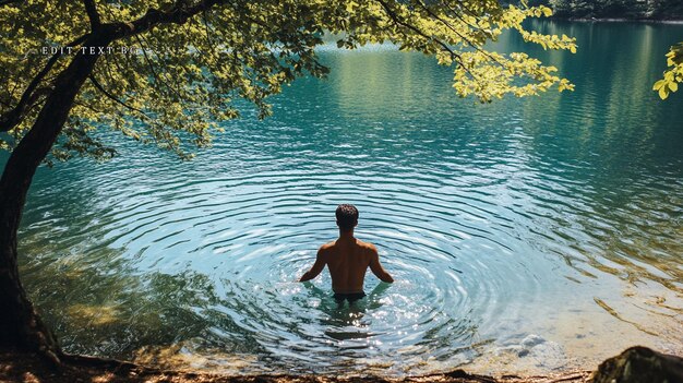 Hombre vadeando en un lago prístino y tranquilo bajo un árbol