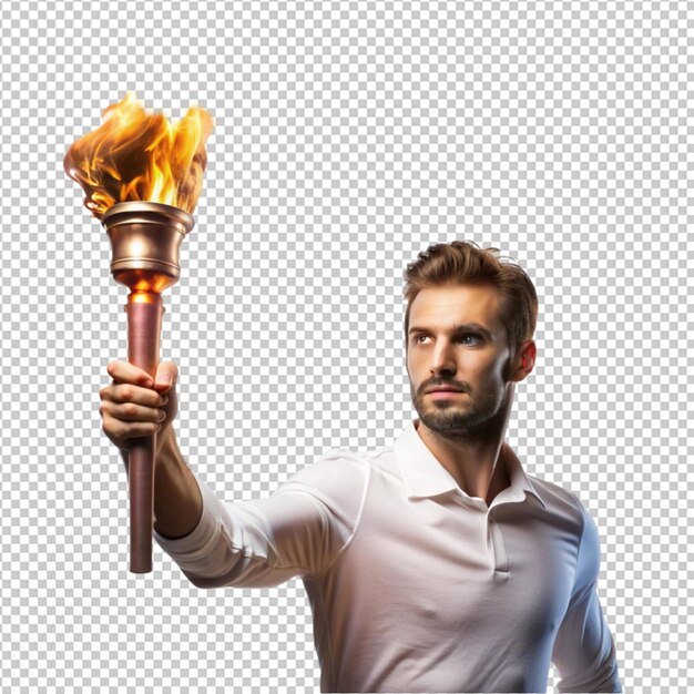 Hombre valiente sosteniendo el fuego aislado en un fondo transparente
