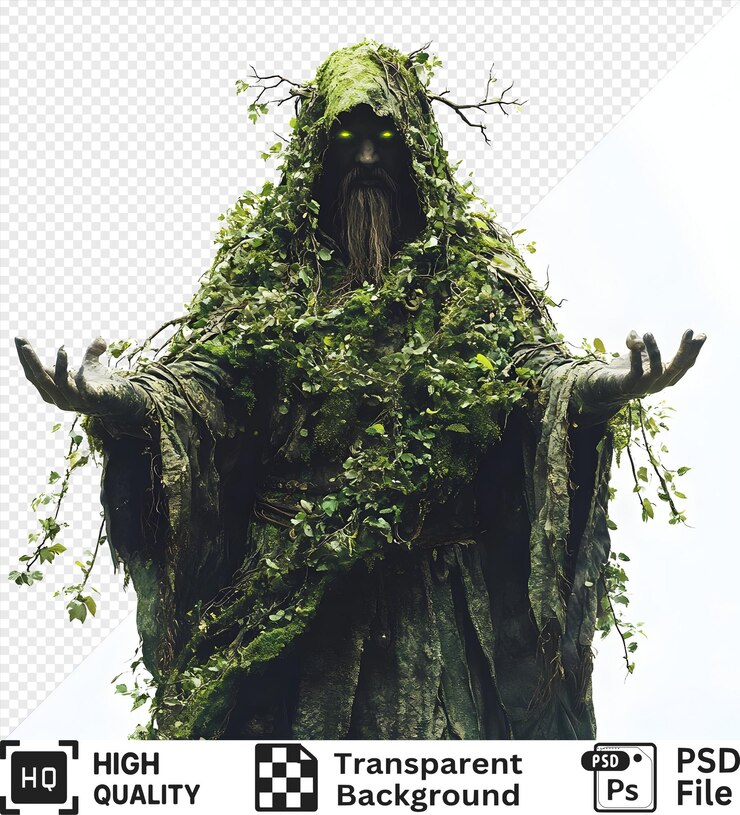 PSD hombre verde con ojos brillantes en una capa de vides y musgo aislado sobre un fondo transparente