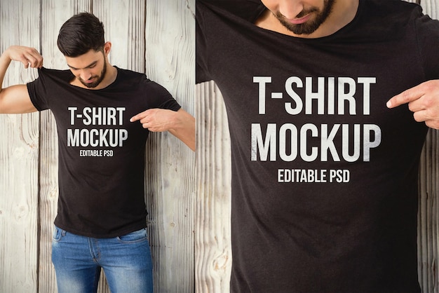 PSD hombre vestido con camiseta negra con maqueta para agregar texto