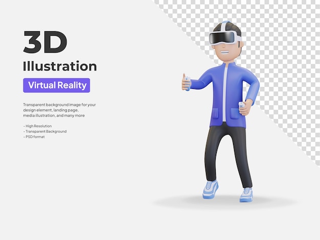 Hombre vestido con casco de realidad virtual ilustración 3d render