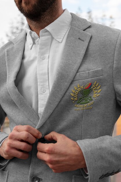 Hombre vestido con elegante blazer gris con emblema bordado