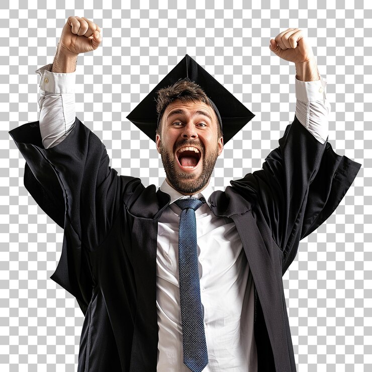 PSD un hombre en un vestido de graduación está sonriendo y sosteniendo sus manos en el aire