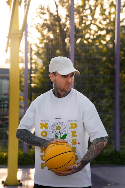 PSD hombre vestido con maqueta de camiseta cyber street wear con diseño urbano en la cancha de baloncesto