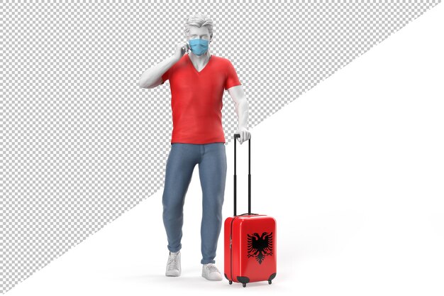 Hombre vestido con mascarilla tira de una maleta con textura con la bandera de albania. ilustración 3d