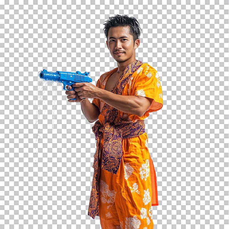 PSD hombre con vestimenta tradicional tailandesa sosteniendo una pistola de agua azul contra un fondo transparente para promociones de festivales culturales, celebraciones de songkran o diseños gráficos temáticos