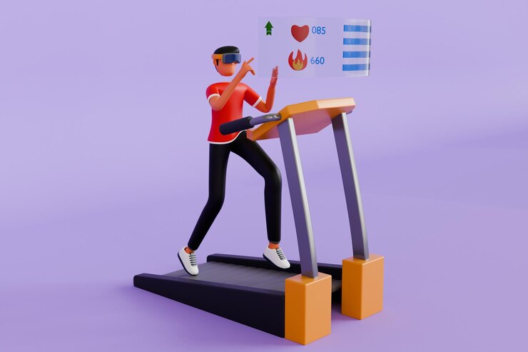 PSD hombre con vidrio vr y corriendo en cinta de correr ilustración 3d