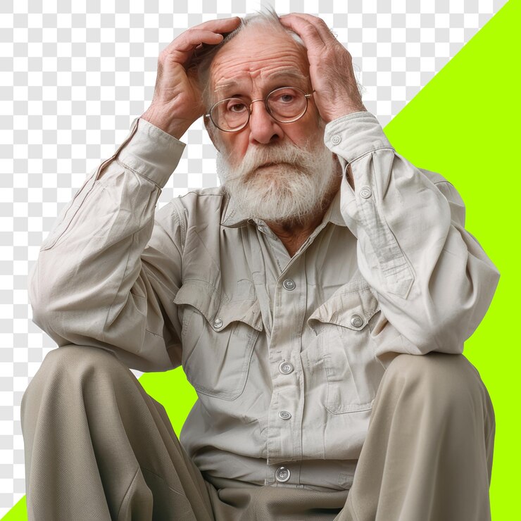 PSD hombre viejo olvidando con las manos sosteniendo la cabeza fondo transparente