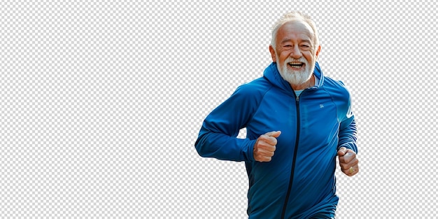 Hombre viejo sonriente corriendo aislado en blanco