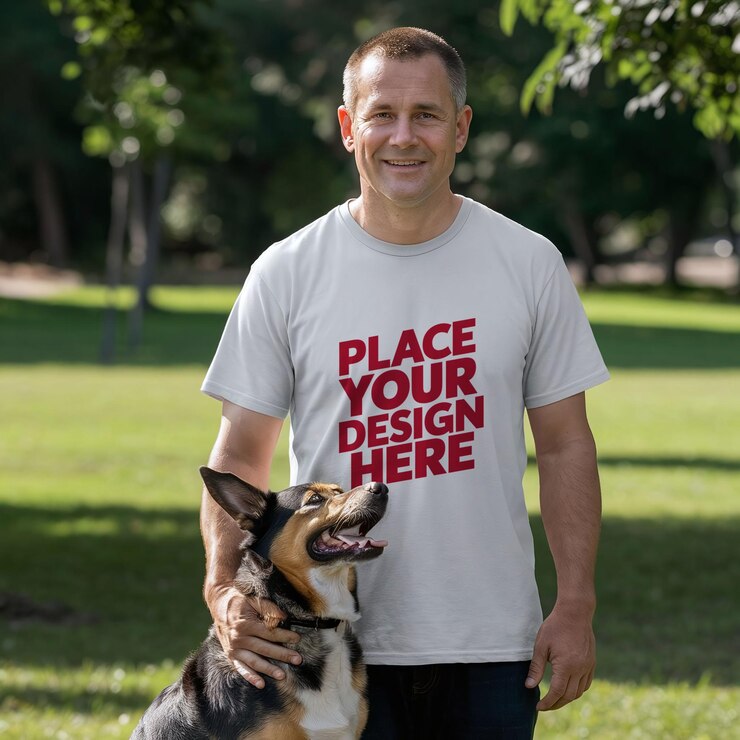 Hombre viejo con su perro de pie en el parque con una plantilla de maqueta de diseño de camiseta blanca