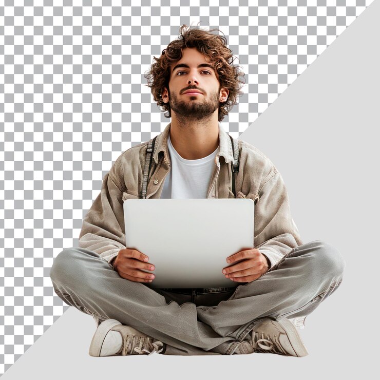PSD hombres jóvenes trabajando en computadoras portátiles sentados con las piernas cruzadas aislados en un fondo transparente
