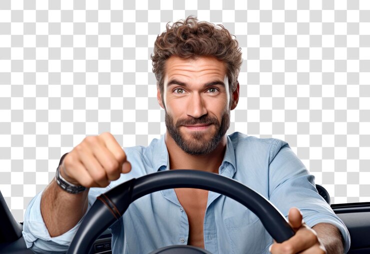 PSD los hombres miran a la cámara, sostienen el volante, conducen un vehículo de automóvil, hombres adultos.