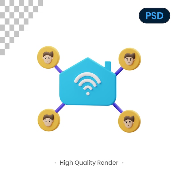 PSD home network 3d render ilustração psd premium