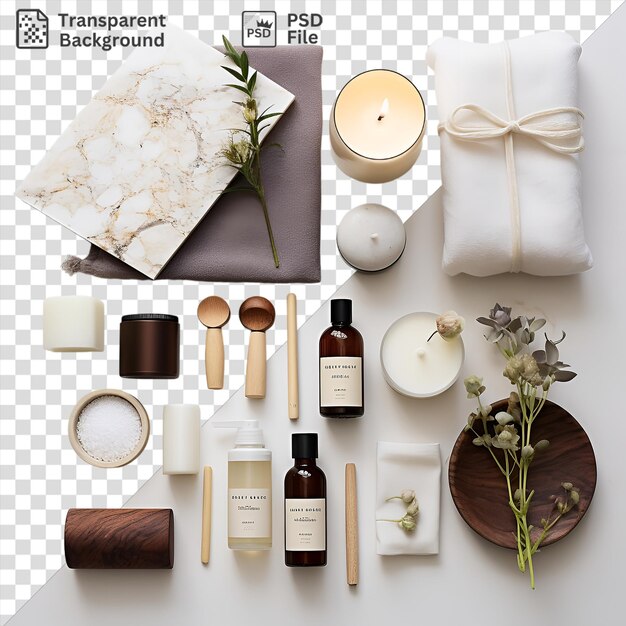 home spa isolato e kit di rilassamento impostato su uno sfondo trasparente con bottiglie marroni e bianche una piccola candela bianca e un tovagliolo bianco