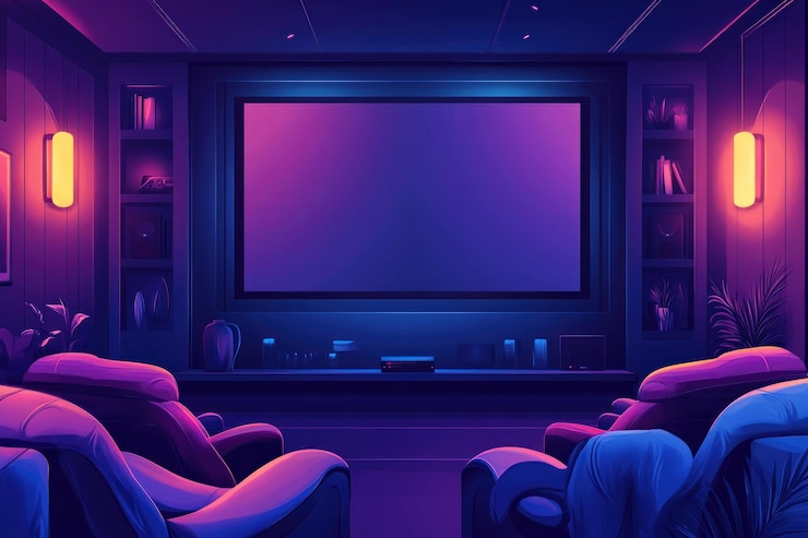 PSD home theater room with large screen comfortable reclining chairs and builtin shelving