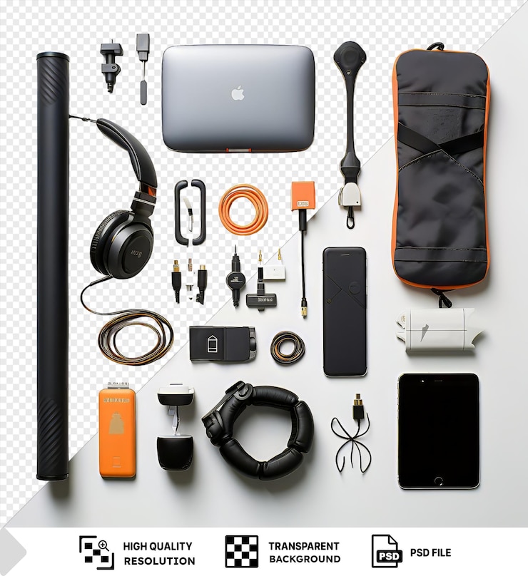 PSD home workout equipment set on a transparent background including black headphones a gray and silver laptop and a black pen