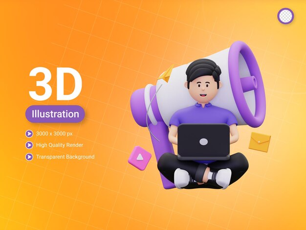 PSD homem 3d fazendo ilustração de marketing on-line