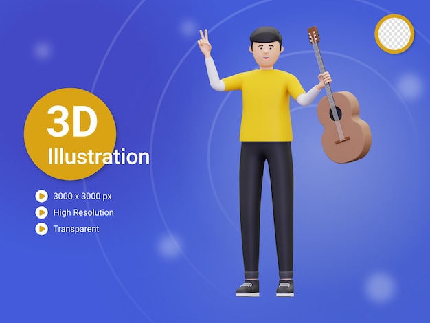 Homem 3d que guarda uma ilustração da guitarra