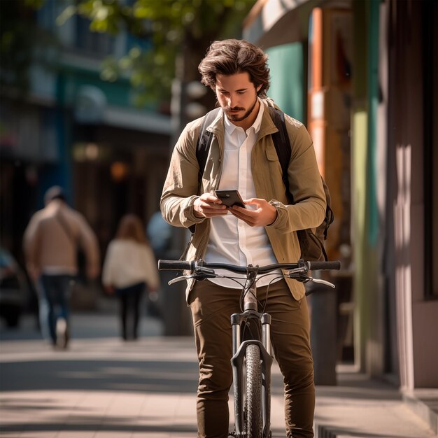 Homem a andar de bicicleta a usar telefone