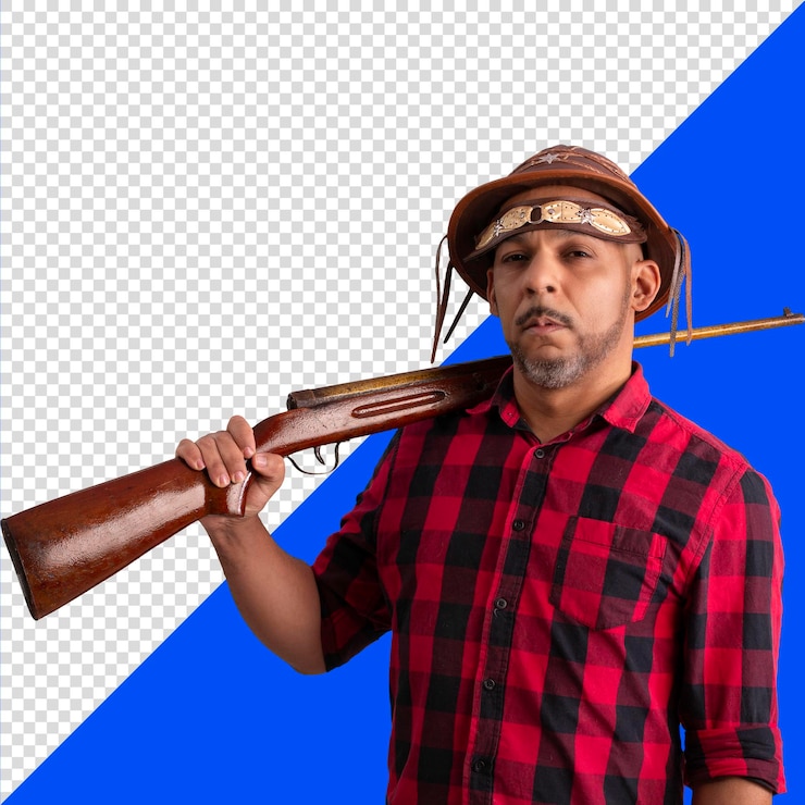 PSD homem adulto bonito, com trajes típicos da festa junina, em uma camisa xadrez e chapéu preto e, tran