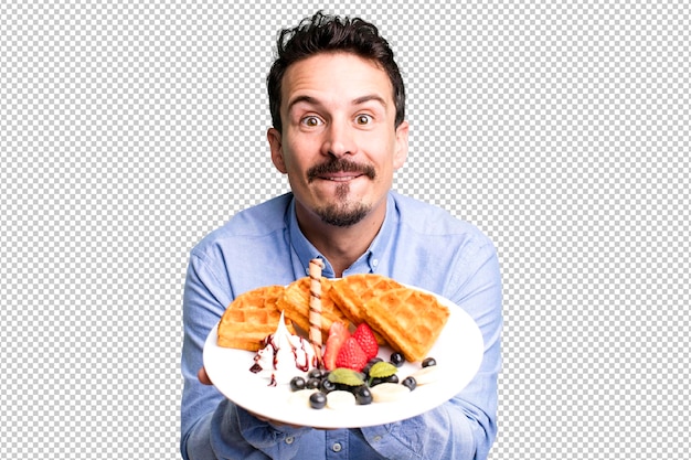 PSD homem adulto comendo waffles no café da manhã