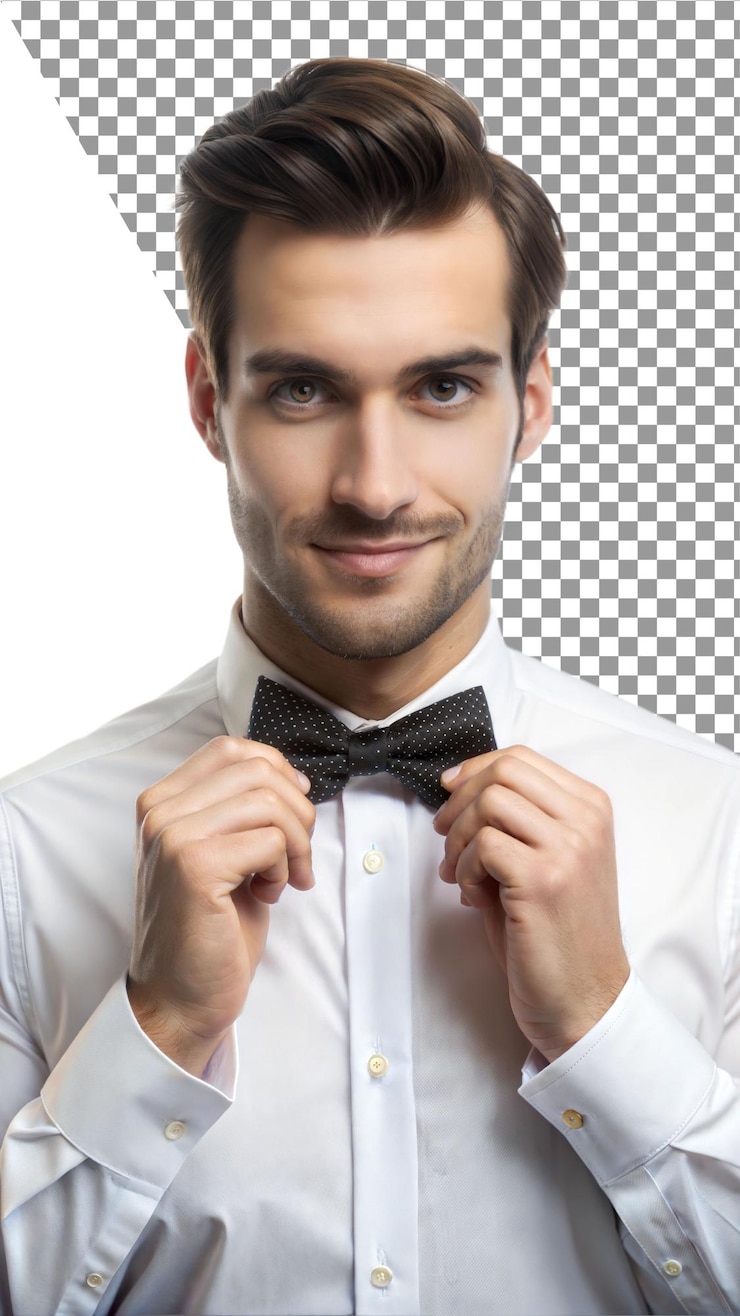 PSD homem ajustando sua gravata focando em sua aparência formal