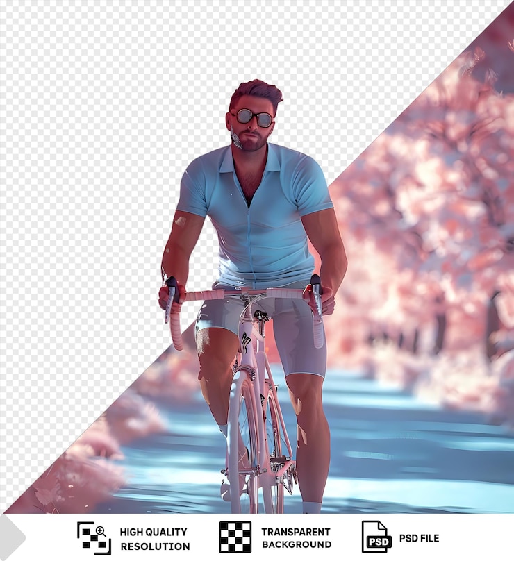 PSD homem anda de bicicleta por uma floresta rosa com um fundo transparente