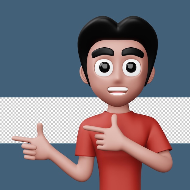 Homem animado feliz apontando para o lado Renderização 3d de personagem de desenho animado bonito