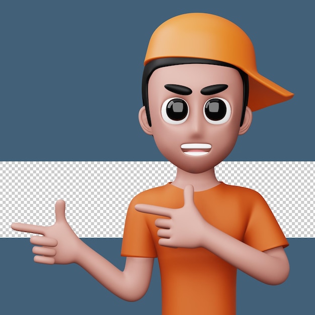 Homem animado feliz apontando para o lado Renderização 3d de personagem de desenho animado bonito