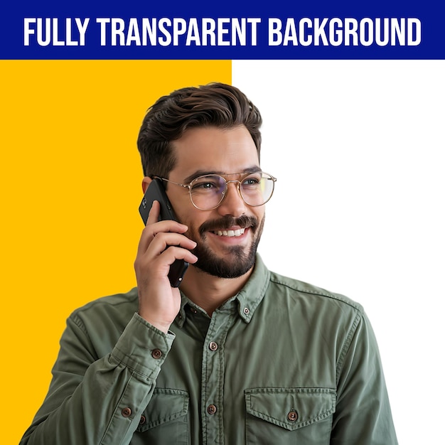 Homem ao telefone com expressão sorridente e fundo totalmente transparente