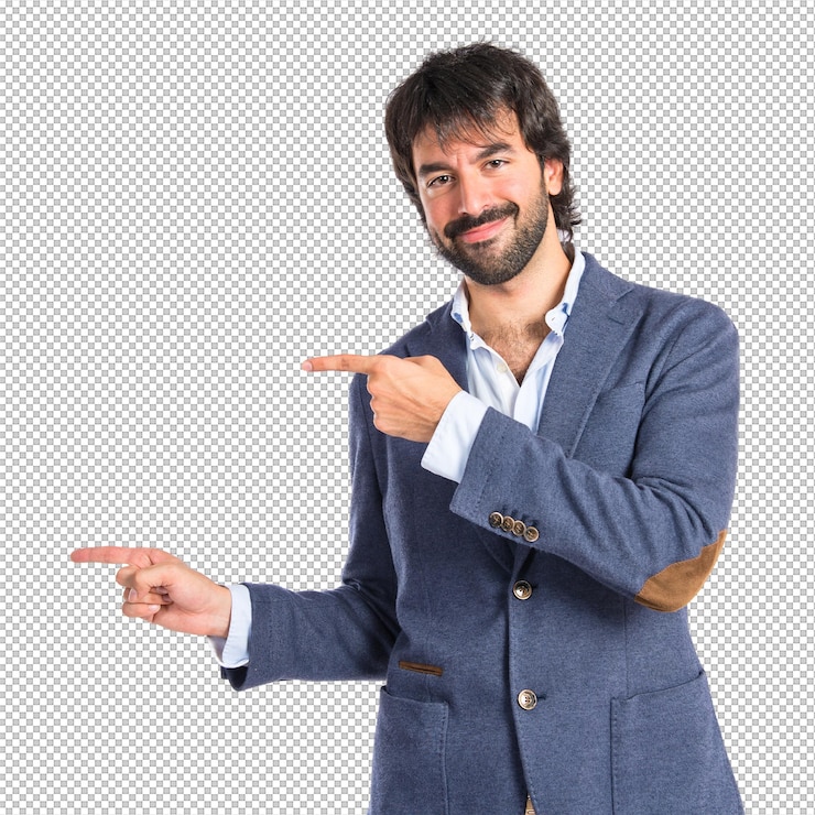 PSD homem, apontar, frente, branca, fundo