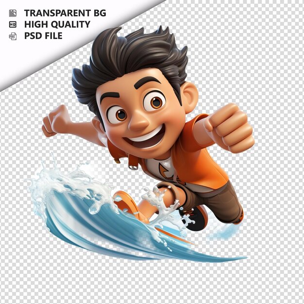 PSD homem asiático surfando em 3d estilo desenho animado isola de fundo branco